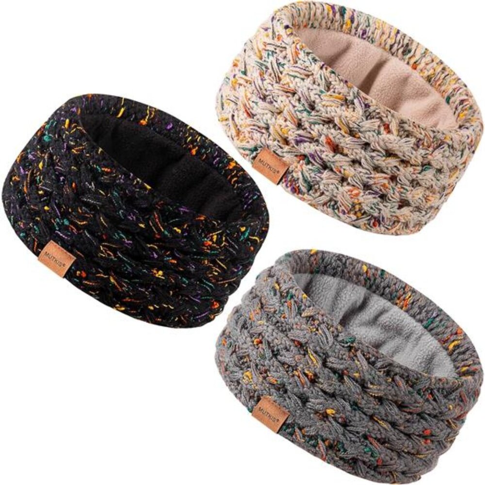 UO Winter Headbands for Women 3 Pack, Ear Warmers for Women Knit Fleece Lined,